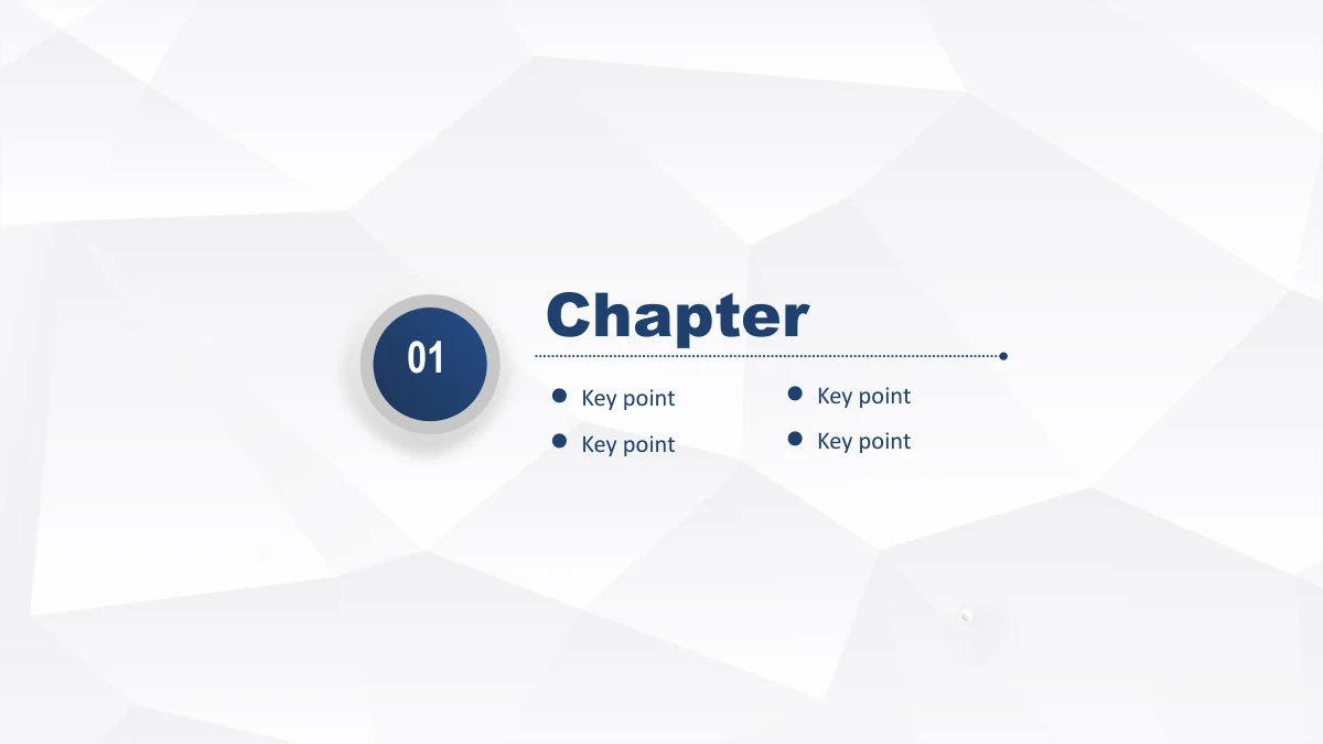 Navy Ribbon Work Report Presentation Template: A large navy disc marked 01 anchors the left side. A chapter heading, dotted rule and four short bullet items occupy the right.