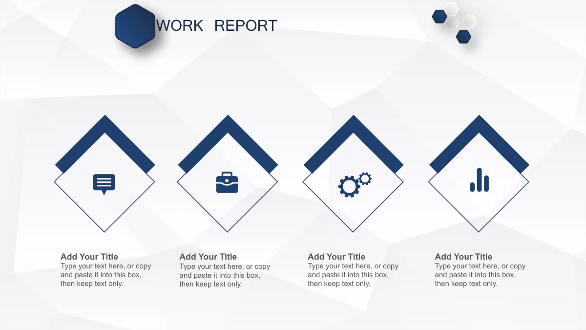 Navy Ribbon Work Report Presentation Template: Four raised diamond cards carry speech, briefcase, gear and bar icons. Short explanatory notes sit in four columns beneath them.