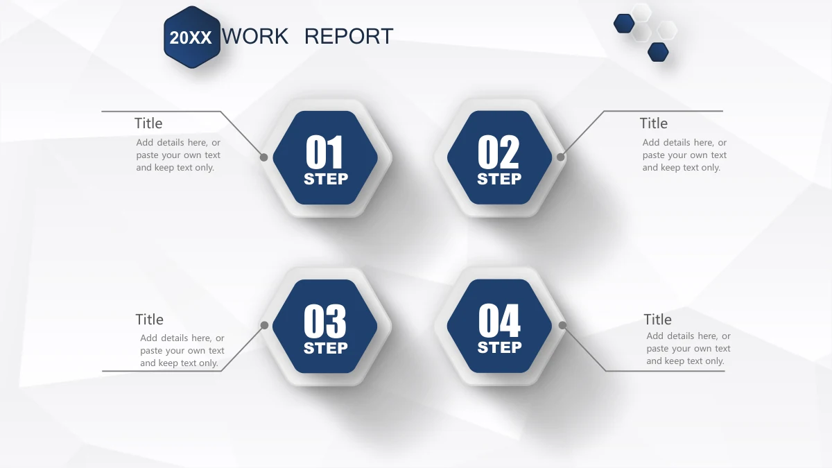 Navy Ribbon Work Report Presentation Template: Four raised hexagonal STEP badges numbered 01 to 04 form two rows. Dotted leader lines connect them to headings and short outer notes.