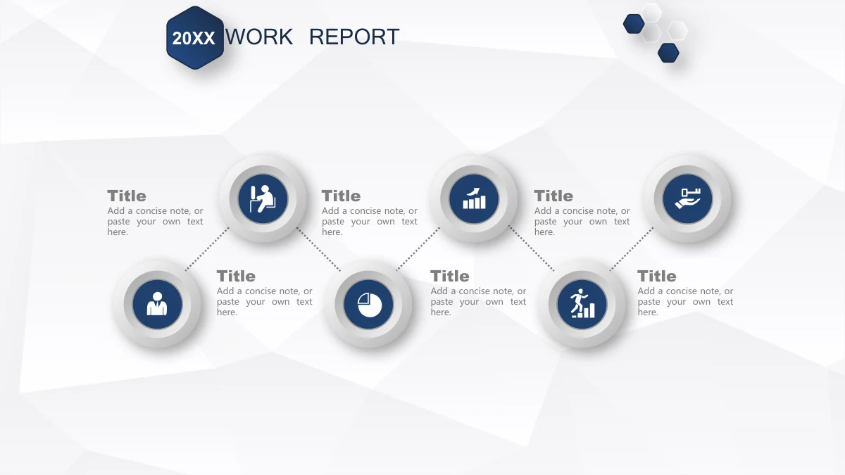 Navy Ribbon Work Report Presentation Template: Six circular business icons alternate above and below a zigzag dotted route. Each node has a nearby heading and compact explanation.
