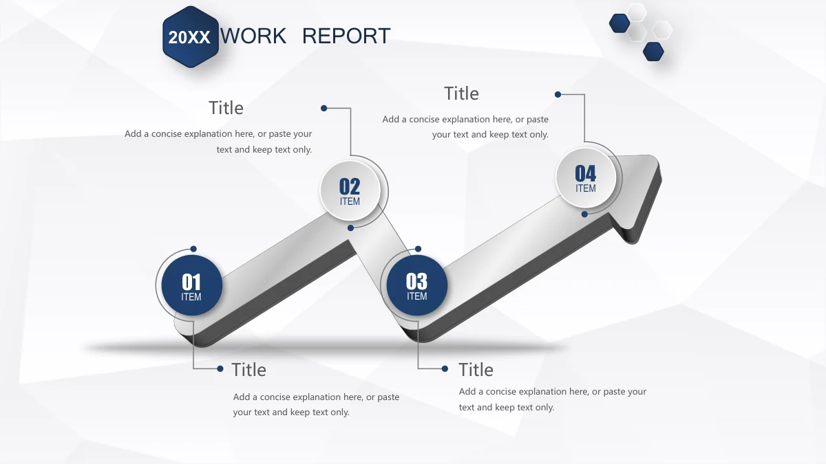 Navy Ribbon Work Report Presentation Template: A raised zigzag arrow rises through four circular ITEM badges. Dotted lines connect the stages to headings and explanatory notes.