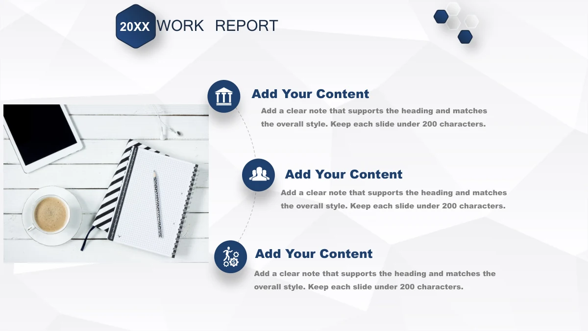 Navy Ribbon Work Report Presentation Template: A photograph of coffee, a tablet, a notebook and a pencil fills the left. Three circular icons lead separate heading-and-note areas on the right.