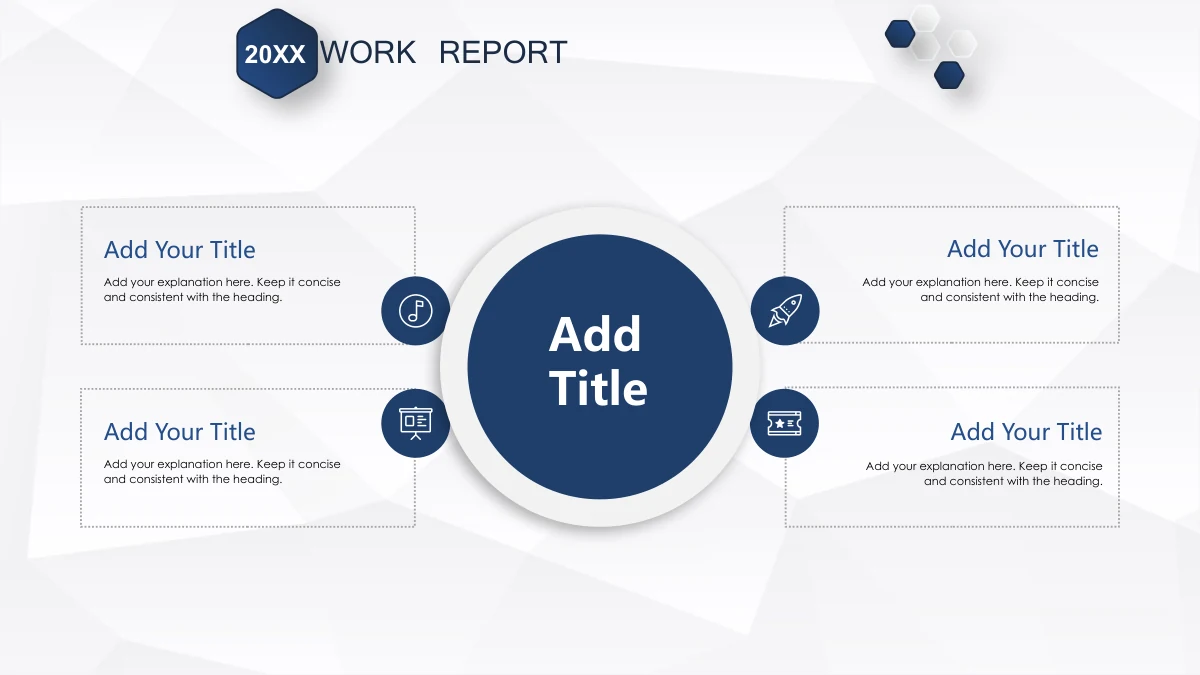 Navy Ribbon Work Report Presentation Template: A large navy disc with a raised pale rim sits at the centre. Four outer icons connect it to dotted-outline note areas on either side.