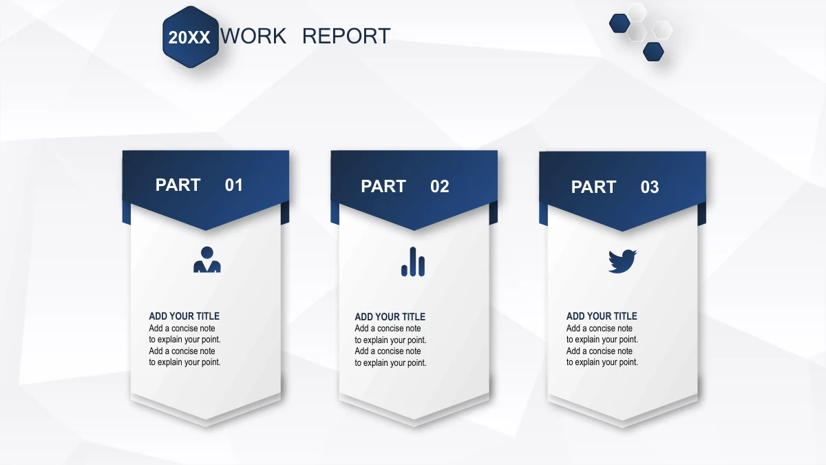 Navy Ribbon Work Report Presentation Template: Three tall white cards have navy pentagonal banners marked PART 01, PART 02 and PART 03. Icons and short sample notes appear beneath the banners.