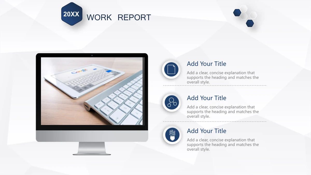 Navy Ribbon Work Report Presentation Template: A desktop display contains a photograph of a tablet and keyboard on a wooden desk. Three icon-led explanations stack on the right between dotted rules.