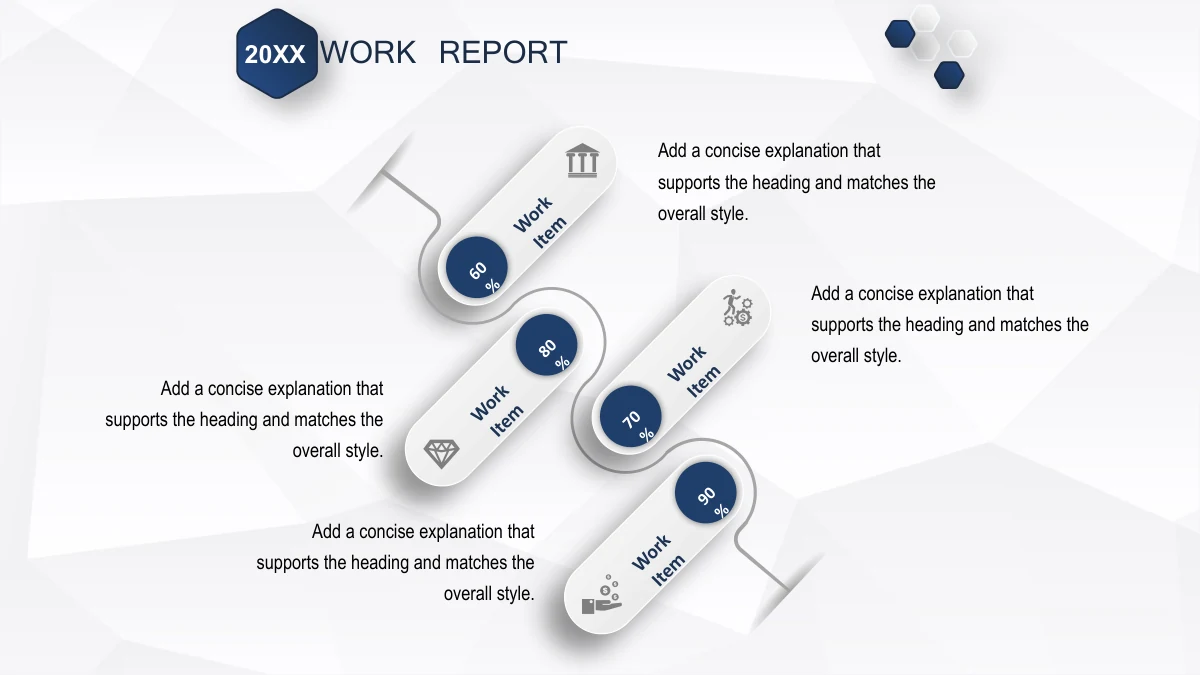 Navy Ribbon Work Report Presentation Template: Four tilted rounded tags display 60%, 80%, 70% and 90%. A curved connector, small icons and surrounding notes link the separate manual examples.