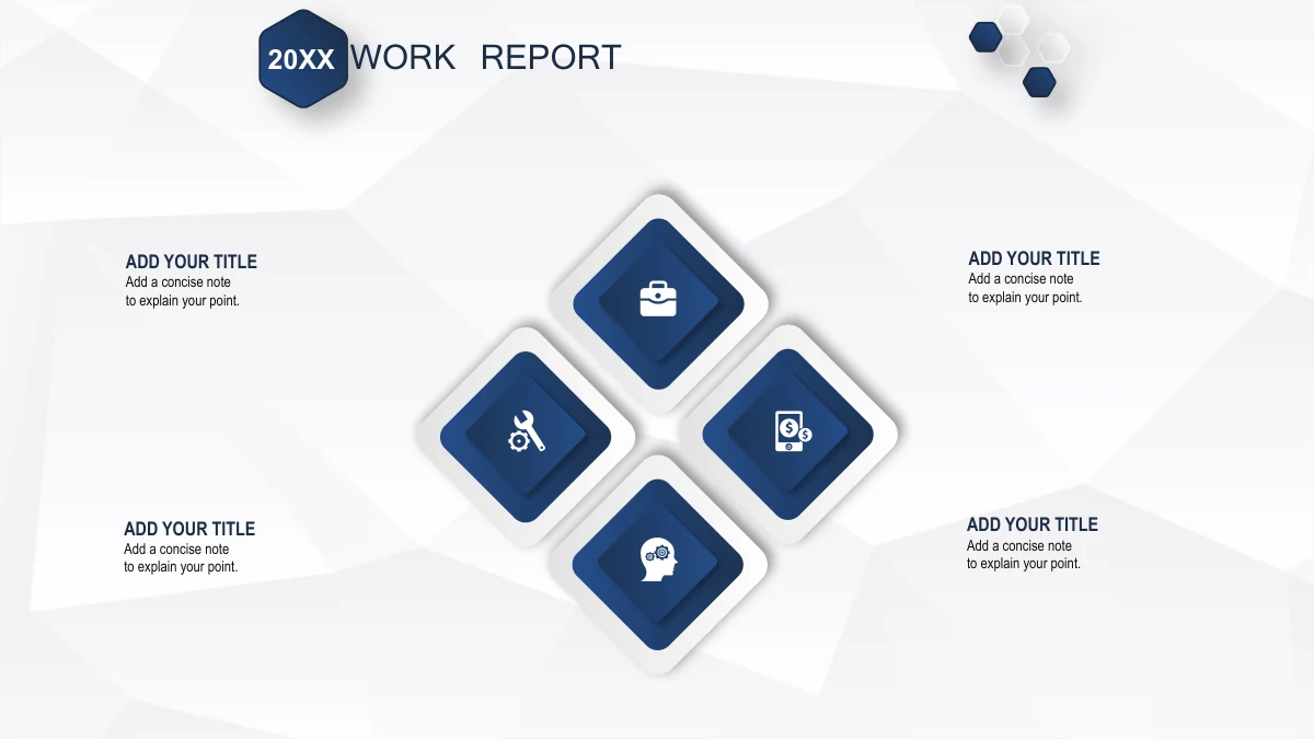 Navy Ribbon Work Report Presentation Template: Four raised white diamond-shaped cards form a compact cross, each with a navy inset icon. Four short explanatory text blocks sit around the group.