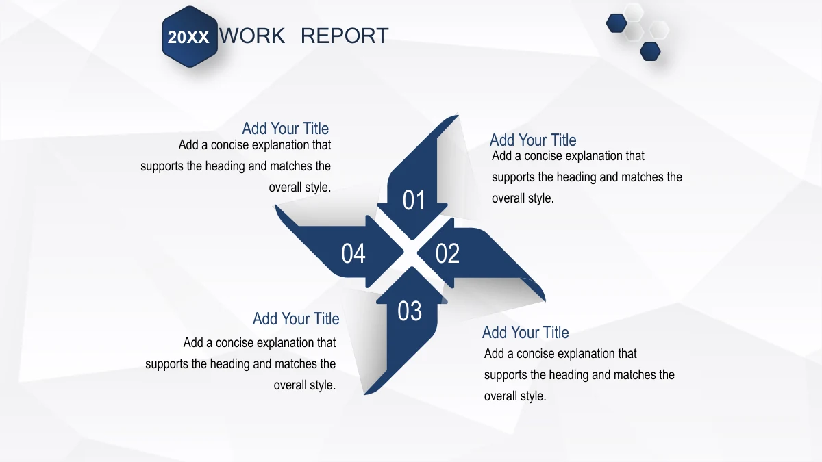 Navy Ribbon Work Report Presentation Template: Four navy-and-white blades form a windmill around the centre, labelled 01 to 04. Headings and short explanations extend around its outer edges.