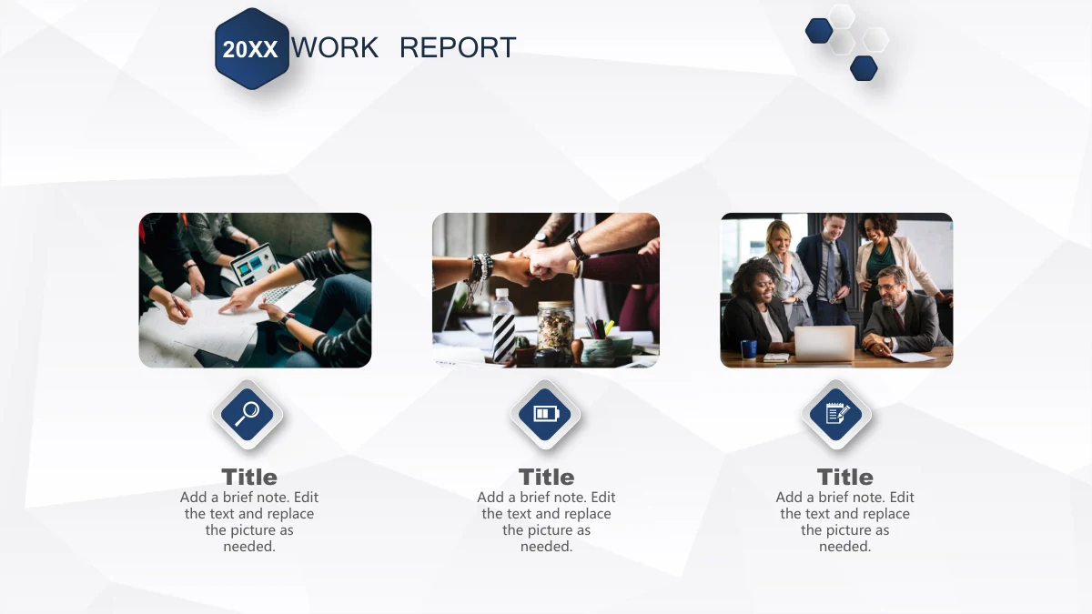 Navy Ribbon Work Report Presentation Template: Three photographs show planning over papers, a fist bump and colleagues around a laptop. Small navy diamond icons introduce the notes below each image.