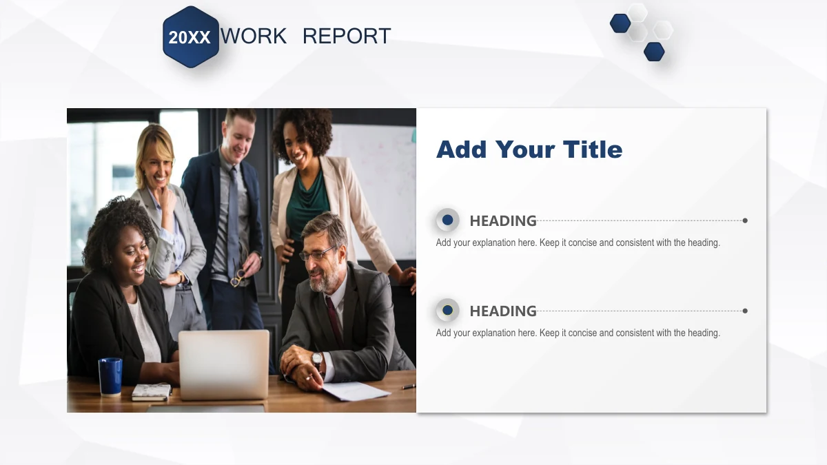 Navy Ribbon Work Report Presentation Template: A large photograph of colleagues at a laptop fills the left. The right-hand text area has a heading and two round bullet markers with sample explanations.