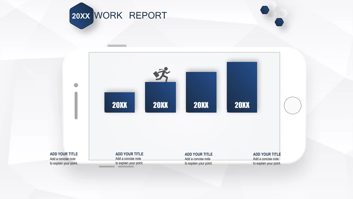 Navy Ribbon Work Report Presentation Template: A landscape phone frame contains four rising navy columns with sample 20XX labels and a running figure. Four short note columns sit below the phone.