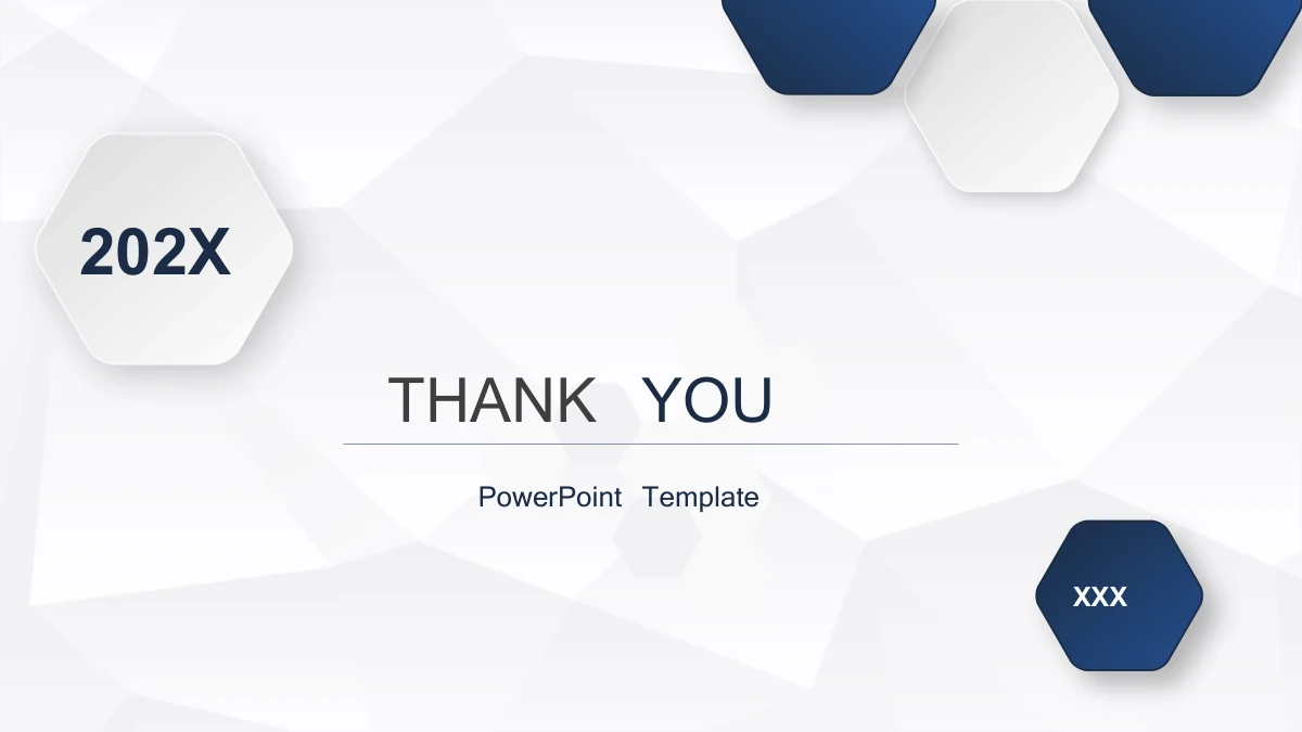 Navy Ribbon Work Report Presentation Template: A central THANK YOU heading and thin rule sit above a PowerPoint Template subtitle. A pale year hexagon and navy-and-white hexagon groups frame the faceted background.
