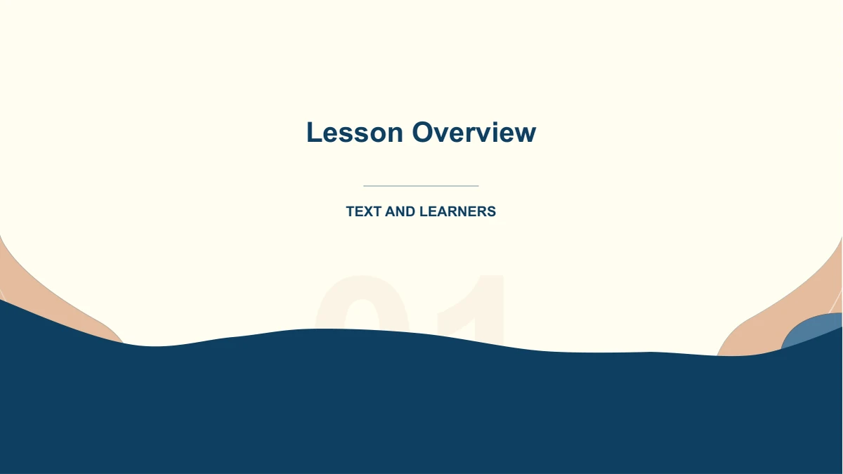 A centred lesson-overview heading rises above a wide navy wave and a pale chapter number.