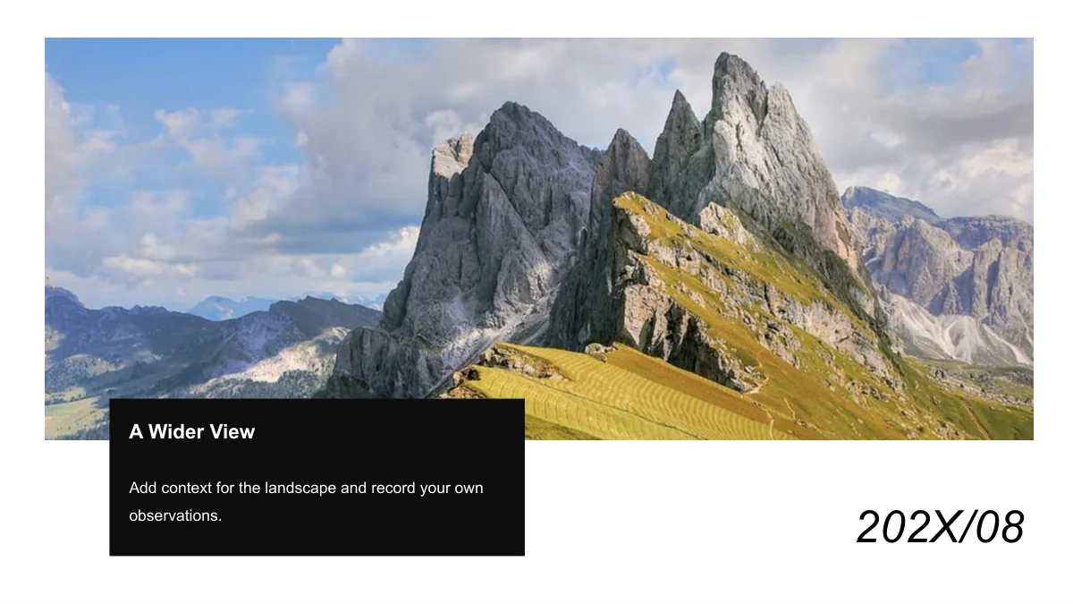 Une large photo de montagne chevauche un panneau de légende noir ; une date en italique figure en dessous.