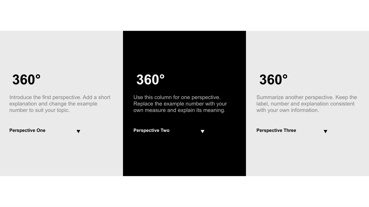 Trois colonnes grises et noires présentent de grands exemples à 360 degrés, des paragraphes et des triangles.