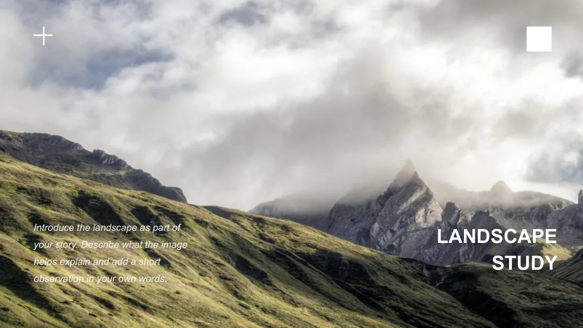 Du texte blanc se superpose à une photo de crêtes sous les nuages, avec de simples symboles dans les coins.