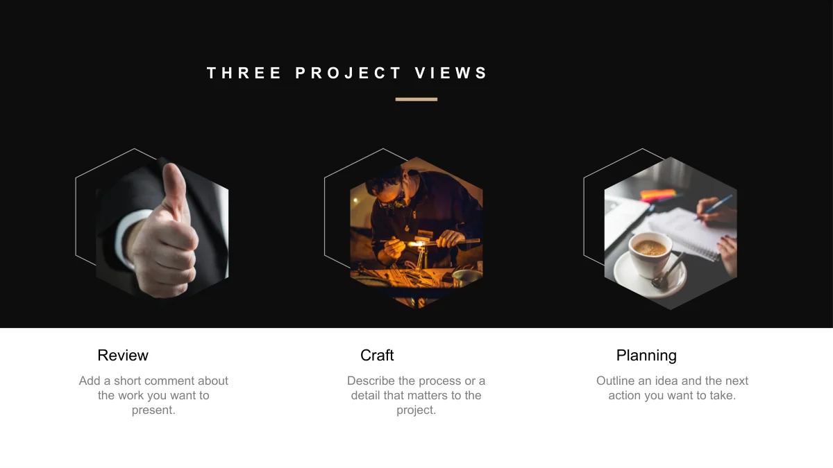 Trois photos hexagonales montrent un pouce levé, un artisan et un bureau, chacune au-dessus d’une courte légende.
