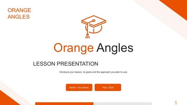 Orange and charcoal title beside a graduation-cap outline, with diagonal orange hatching at the corners.