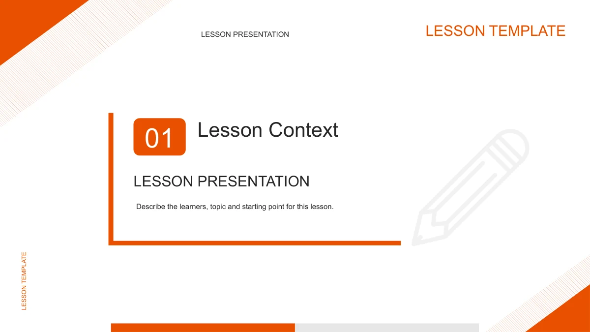 An orange L-shaped frame and pencil outline accompany Part 01 and the Lesson Context heading.