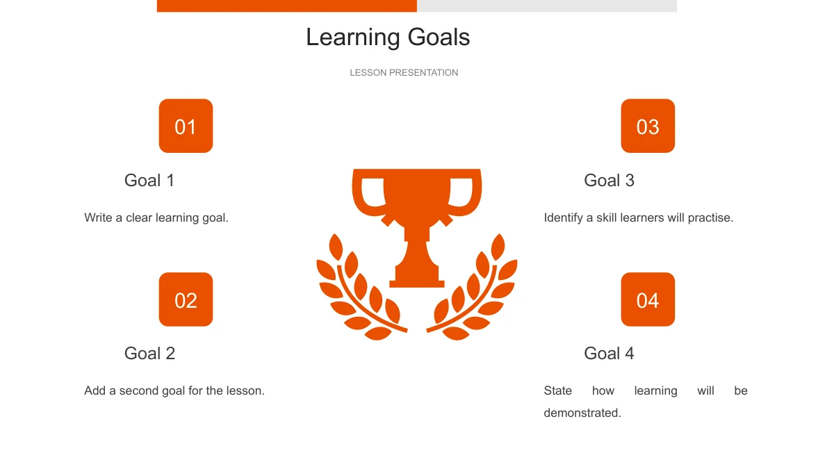A trophy and laurel motif sits between four numbered goal notes, with Goals 1 and 2 left and Goals 3 and 4 right.