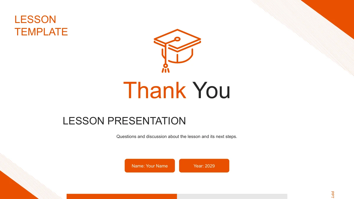 Thank You text and a graduation-cap outline return within the orange hatched corner design, with name and year fields below.