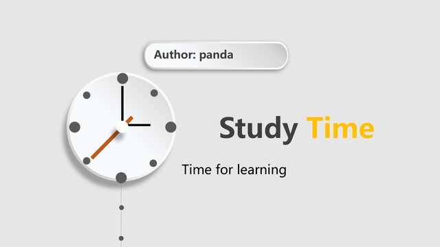 Orange Clock Learning Presentation Template: A white clock face sits on the left, with gray hour dots and orange and black hands. The English Study Time heading and short learning slogan sit to the right beneath the raised author-credit label.