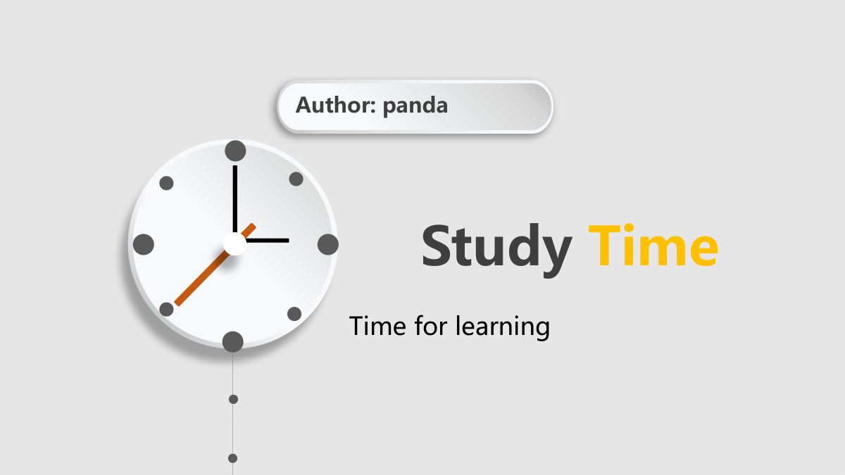 Orange Clock Learning Presentation Template: A white clock face sits on the left, with gray hour dots and orange and black hands. The English Study Time heading and short learning slogan sit to the right beneath the raised author-credit label.