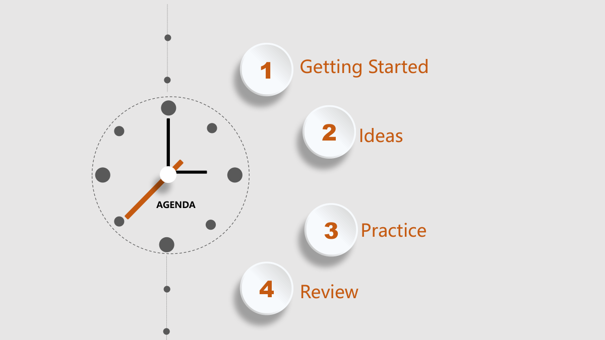 Orange Clock Learning Presentation Template: A clock hangs from a vertical dotted line. Four raised white circles numbered 1–4 descend along the right side beside the contents labels.