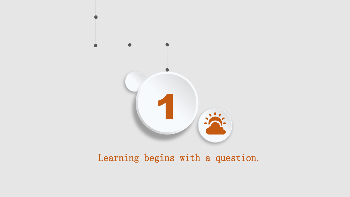 Orange Clock Learning Presentation Template: A raised white circle displays the number 1 beside a smaller weather symbol. A dotted path descends from above, with a short note underneath.