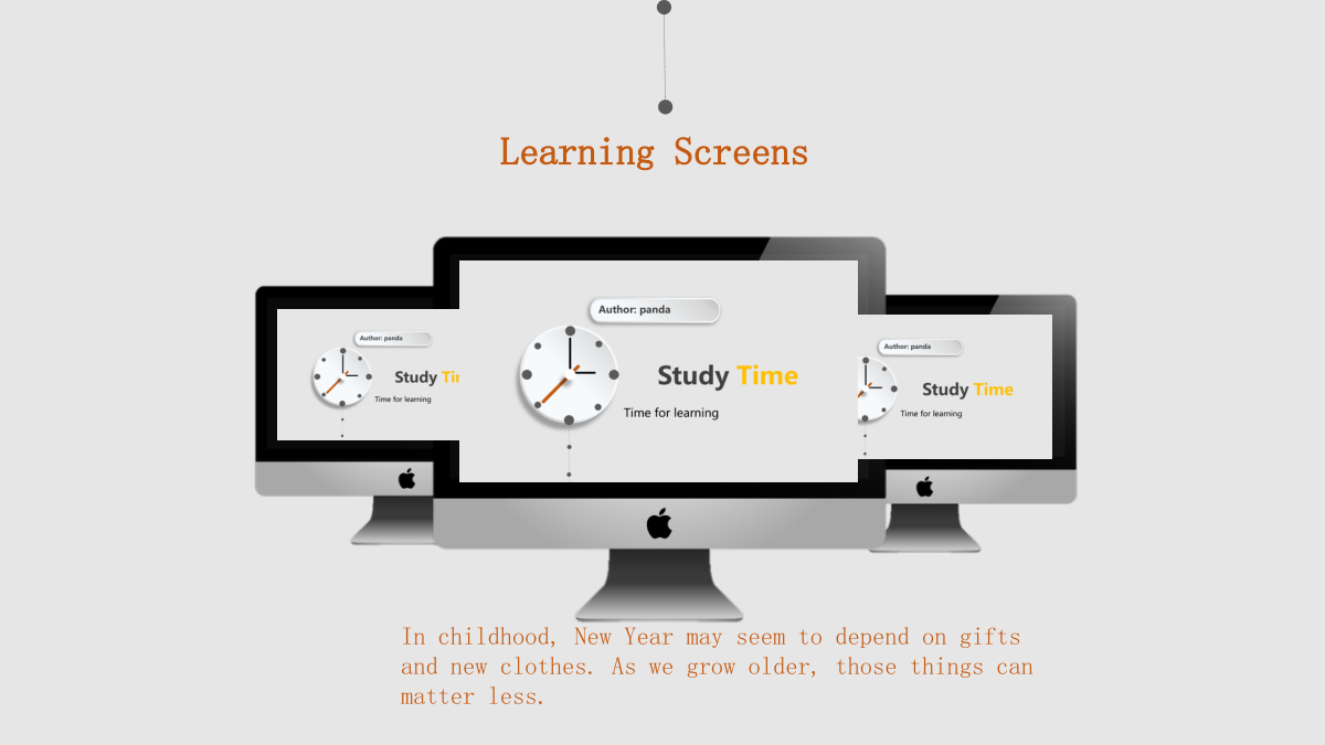 Orange Clock Learning Presentation Template: Three desktop monitor frames repeat the English clock cover. A Learning Screens heading sits above the displays, with a short paragraph about changing childhood priorities below.