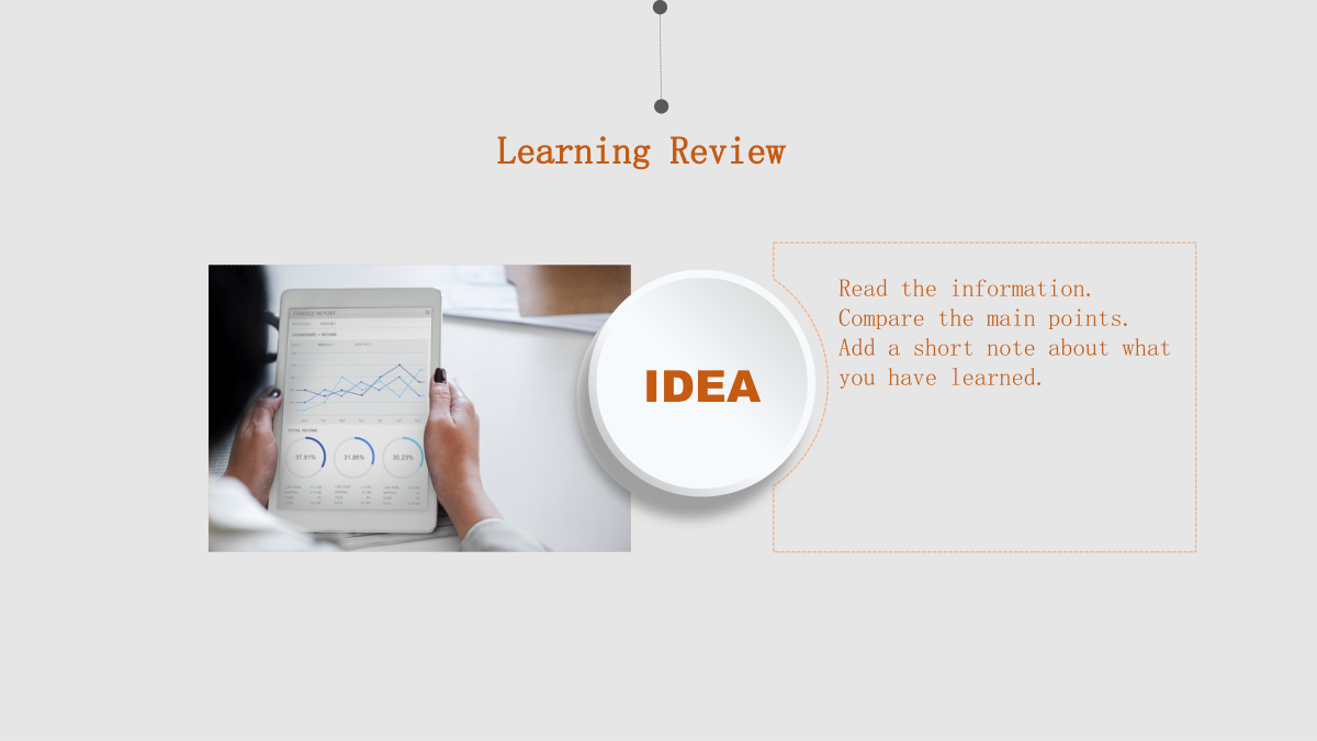 Orange Clock Learning Presentation Template: A photograph of hands holding a finance-report tablet sits on the left. A raised white circle overlaps its edge beside an outlined note area on the right.