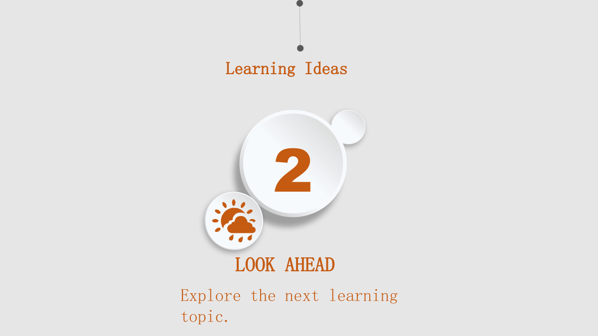 Orange Clock Learning Presentation Template: A raised circle marked 2 overlaps smaller circles and a weather symbol. A suspended dotted line connects it with the top of the gray page.