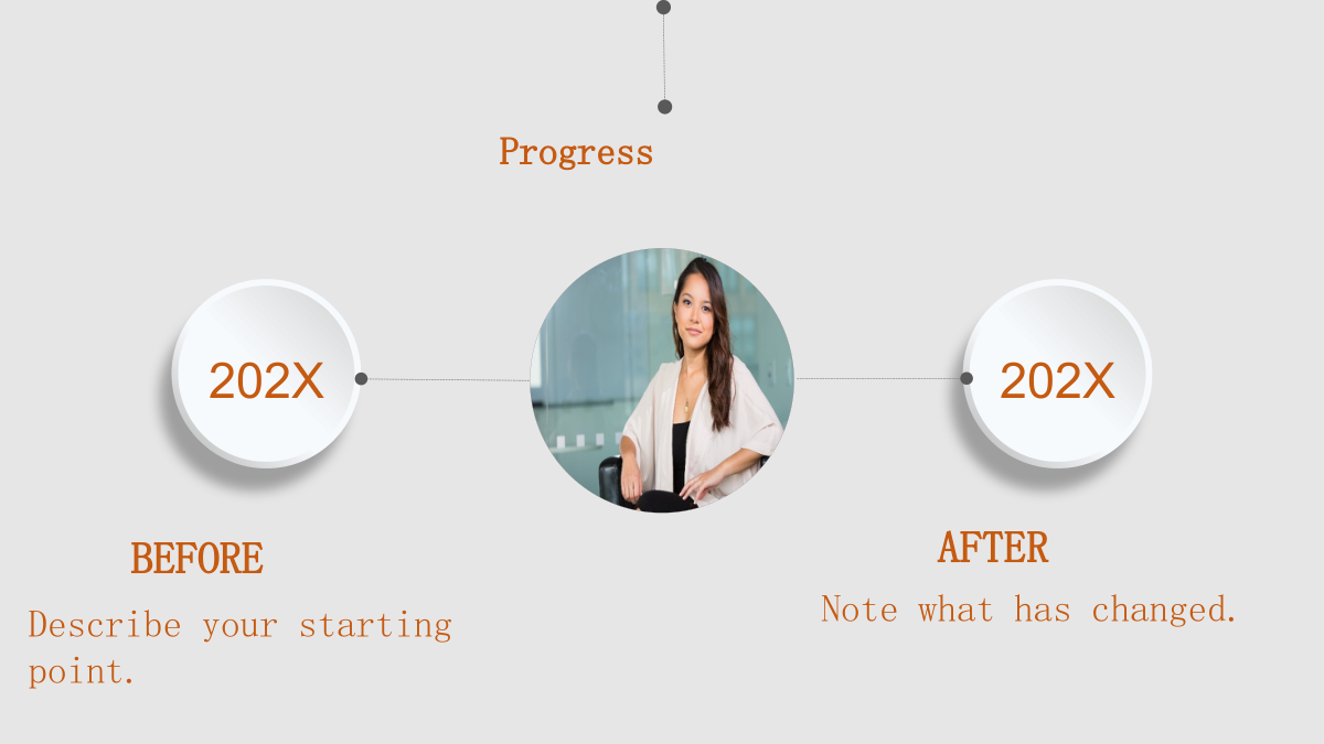 Orange Clock Learning Presentation Template: A central circular portrait connects to two raised date badges. Mirrored headings and note blocks sit below the two sides, using example 202X dates.