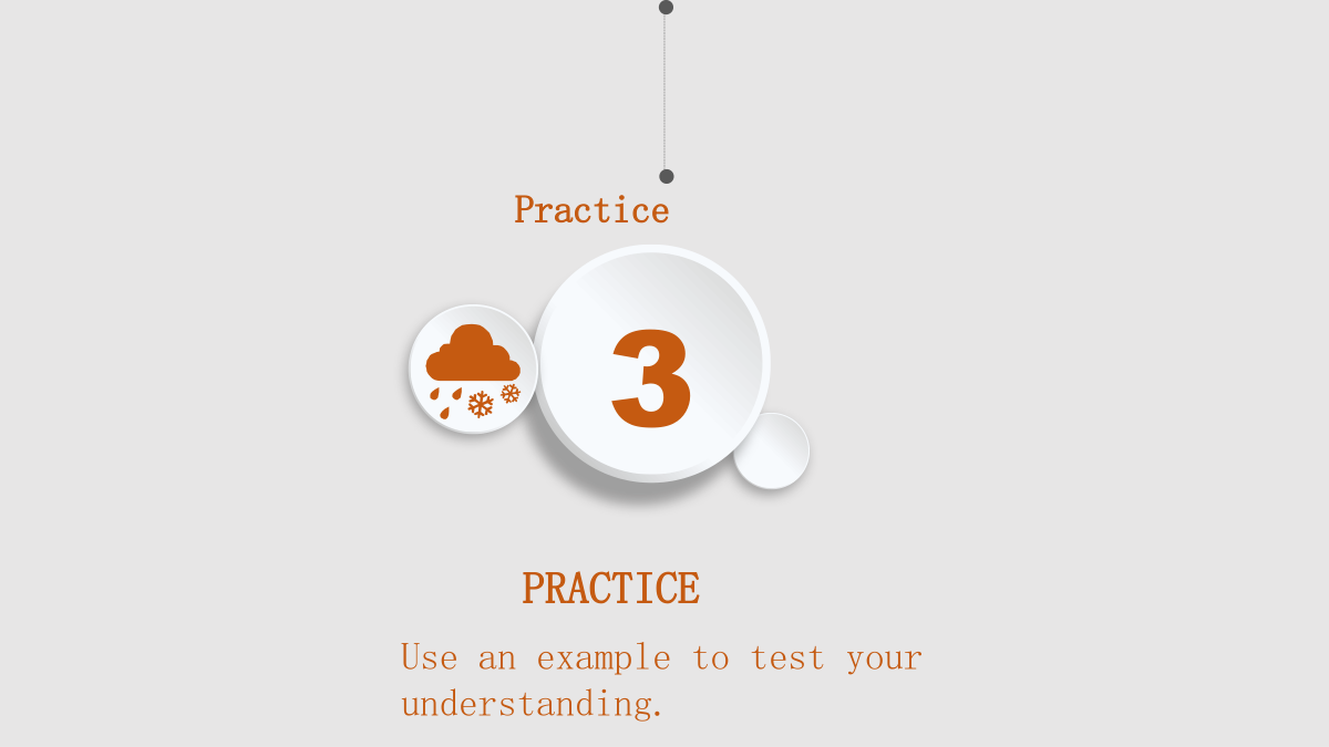 Orange Clock Learning Presentation Template: A raised white circle marked 3 sits beside smaller circles and a weather symbol. A heading and brief note appear below the suspended arrangement.