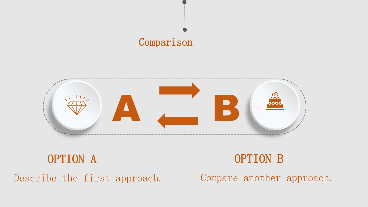 Orange Clock Learning Presentation Template: A long dotted pill outline contains large A and B labels with arrows pointing in opposite directions. Raised end circles carry diamond and cake symbols above two note blocks.