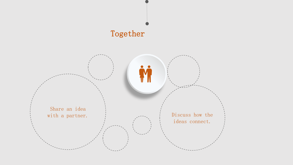 Orange Clock Learning Presentation Template: A small raised circle with a people symbol sits between two larger dotted circles and several small circles. Two separate note blocks fill the larger outlines.