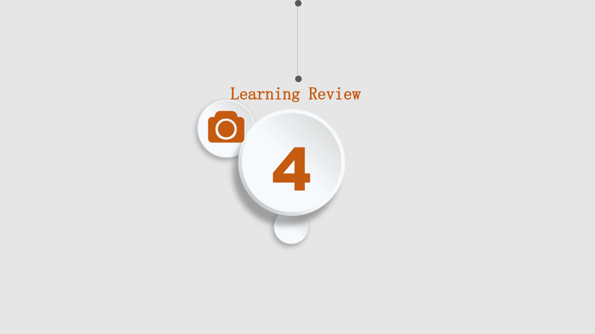 Orange Clock Learning Presentation Template: A raised white circle marked 4 hangs from a dotted line. A small camera circle overlaps the upper edge, with two small white circles nearby.