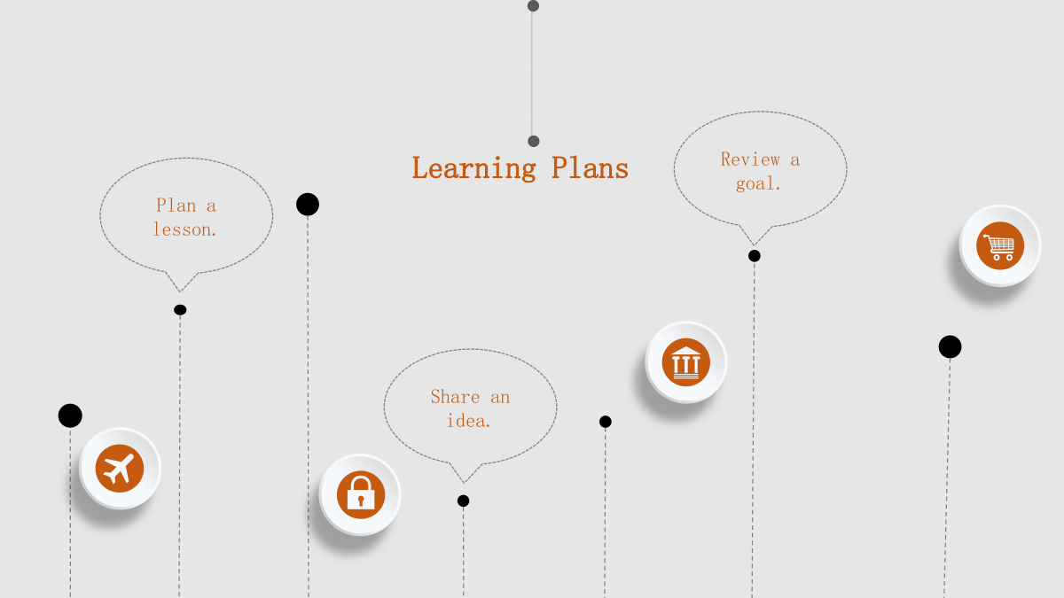 Orange Clock Learning Presentation Template: Plane, lock, bank and shopping-cart symbols appear in raised white circles at different heights. Vertical dotted stems and three outlined speech bubbles connect the page.