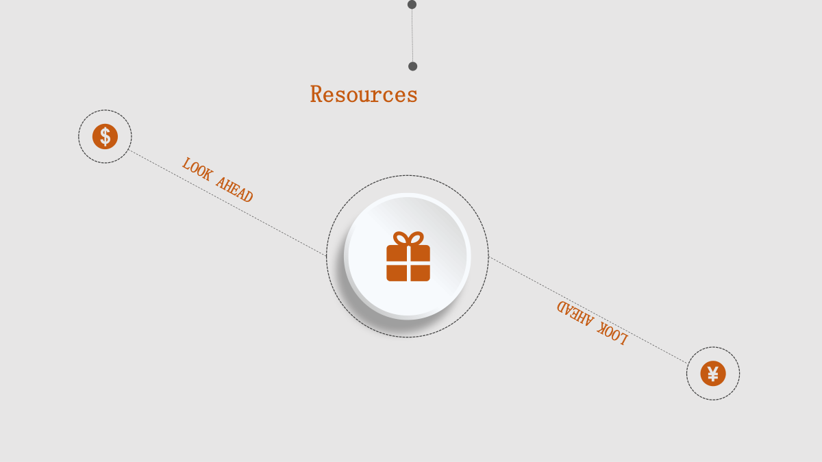 Orange Clock Learning Presentation Template: A large raised circle with a gift symbol sits midway along a diagonal dotted line. Smaller currency-symbol circles mark the ends, with rotated labels beside the line.