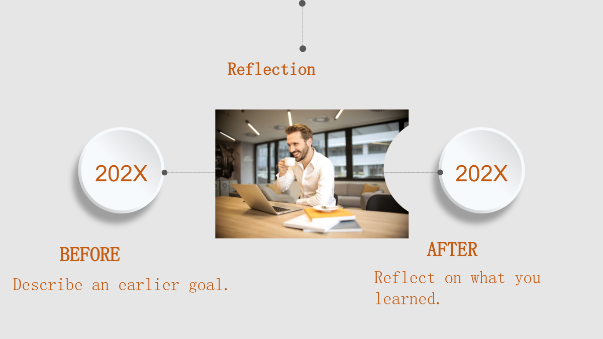Orange Clock Learning Presentation Template: A photograph of a person with a laptop and cup sits between two raised 202X date circles. Matching headings and short note blocks sit below the two sides.