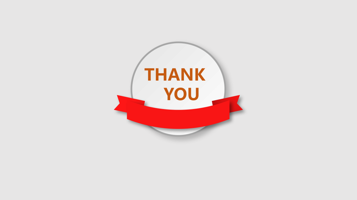 Orange Clock Learning Presentation Template: A white circular closing badge carries the thank-you wording. A bright red ribbon crosses its lower portion against the pale gray background.