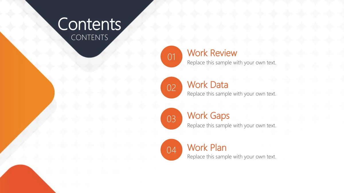 Modelo de apresentação Resumo Laboral em Losangos Laranja — slide 2: O índice apresenta Work Review, Work Data, Work Gaps e Work Plan ao lado de círculos laranja numerados de 01 a 04.