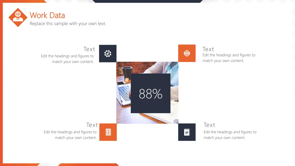 Modelo de apresentação Resumo Laboral em Losangos Laranja — slide 9: Uma foto de alguém digitando fica atrás de uma forma azul-marinho com 88%, cercada por quatro ícones quadrados e notas.
