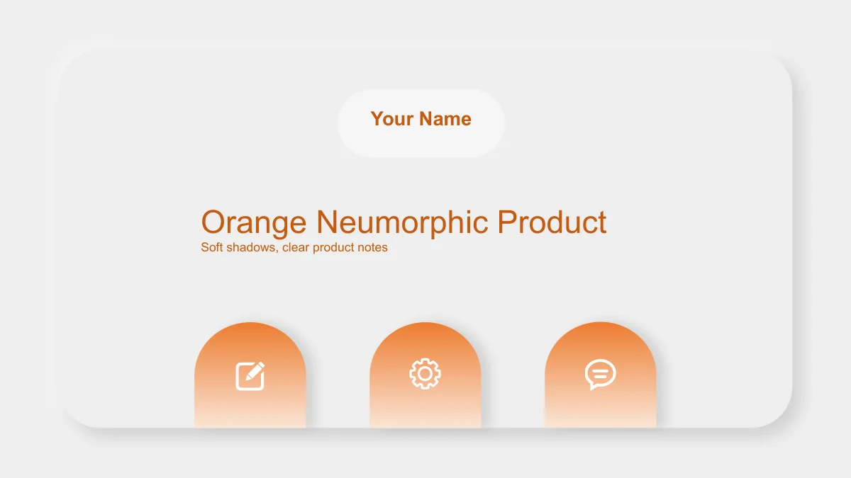 عنوان منتج برتقالي وحقل Your Name على لوحة فاتحة بارزة فوق ثلاثة أقواس برتقالية تحمل أيقونات.