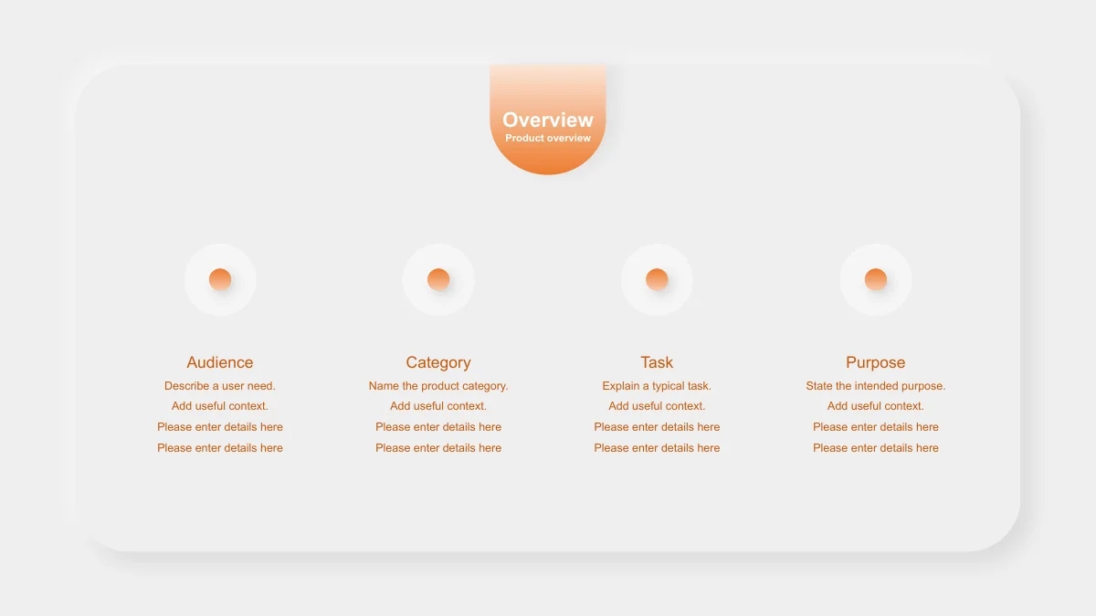 Audience, Category, Task and Purpose notes sit beside raised circular details, with English placeholders for additional copy.