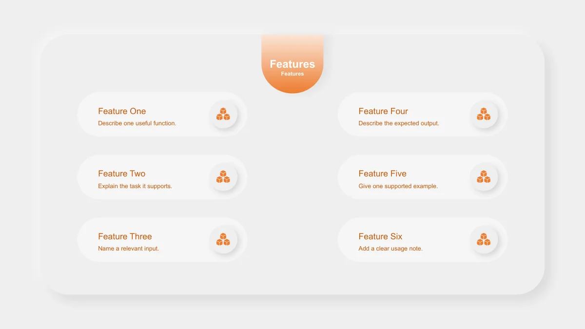 Six pill-shaped feature rows form two columns, each with an orange cube icon, a heading and a brief explanatory prompt.