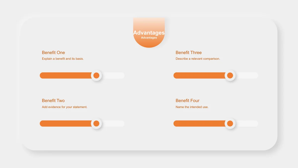 Four orange slider-style bars with circular knobs sit beside benefit notes in two columns; their positions are manually arranged.