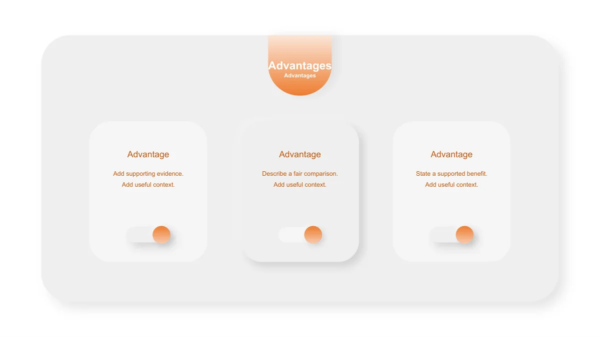 Three rounded raised cards hold prompts for evidence, a fair comparison and a supported benefit, with small slider-style decorations.