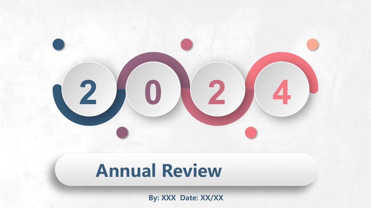 Pastel Circle Annual Review Presentation Template: Four shaded white discs carry the digits 2024, linked by blue, purple, pink and coral arcs. A large rounded title bar and a smaller presenter-and-date line sit below.