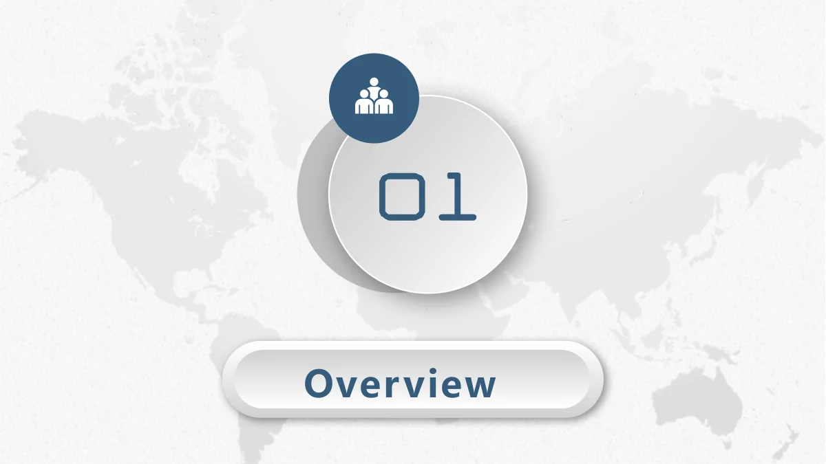 Pastel Circle Annual Review Presentation Template: A large raised disc marked 01 sits over a pale world map. A blue people-icon circle overlaps its top, above a rounded chapter-title bar.